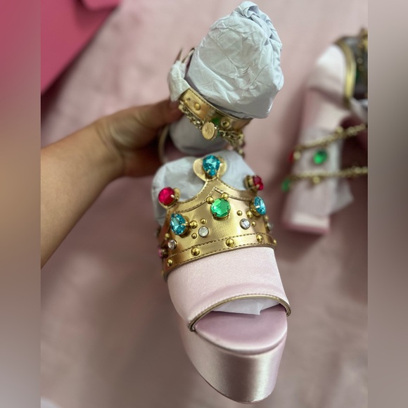 Sugar Thrillz Pink Princess Crown Heels with Gold and Jewel Details - Picture 2 of 5
